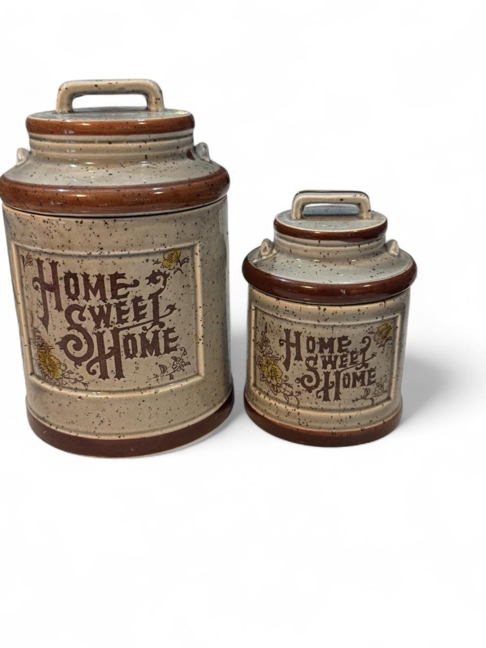 Vintage Stoneware 'Home Sweet Home' Canister Set in Speckled Cream & Brown